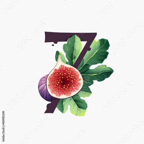 Number seven logo with fresh ripe purple fig fruit and slices with leaf.
