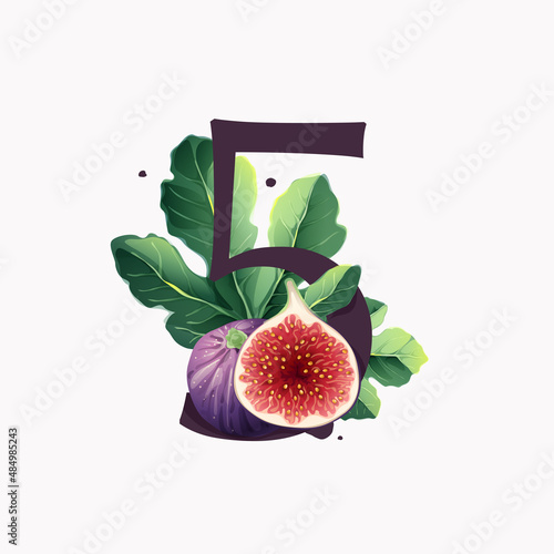 Number five logo with fresh ripe purple fig fruit and slices with leaf.