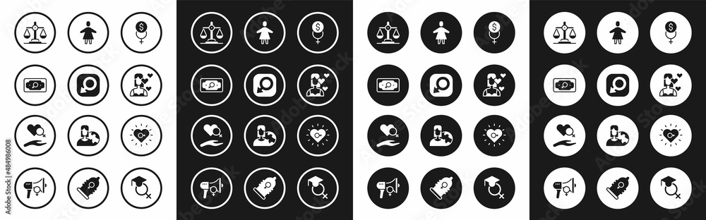 Set Feminism finance, Male gender, Money growth woman, Gender equality, Love yourself, Female, and Heart with female icon. Vector