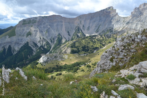 green valley between rocks in the nature area Col de Festre in the french alps