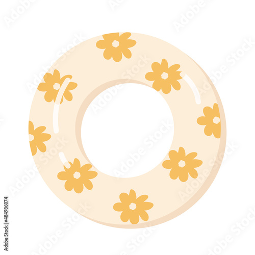 Vintage rubber ring with yellow flowers. Swimming ring. Summer, beach vacation. Inflatable swimming pool toys. Vector illustration in cartoon style. Isolated on white background.