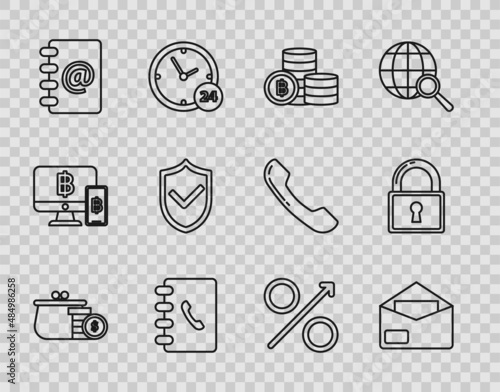 Set line Wallet with coins, Envelope, Cryptocurrency Bitcoin, Address book, Shield check mark, Percent up arrow and Lock icon. Vector