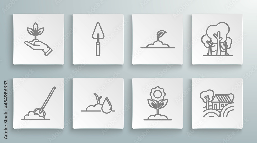 Fototapeta premium Set line Shovel in the ground, Garden trowel spade or shovel, Watering sprout, Flower, Farm House concept, Sprout, Trees and Plant hand of environmental protection icon. Vector