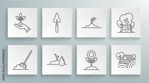 Set line Shovel in the ground, Garden trowel spade or shovel, Watering sprout, Flower, Farm House concept, Sprout, Trees and Plant hand of environmental protection icon. Vector