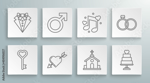 Set line Key in heart shape, Male gender symbol, Amour with and arrow, Church building, Wedding cake, Music note, tone hearts, rings and Suit icon. Vector