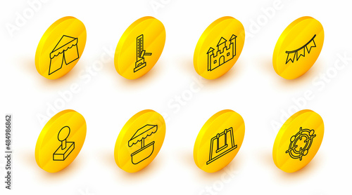 Set line Target sport for shooting competition, Attraction carousel, Joystick arcade machine, Carnival garland with flags, Castle, High striker attraction big hammer and Circus tent icon. Vector