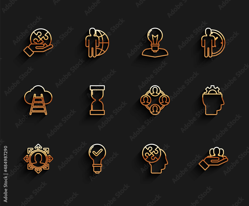 Set line Project team base, Light bulb and check mark, Piece of puzzle in hand, Human head puzzles strategy, Old hourglass with flowing sand, gear inside and icon. Vector Set line Project team base, Light bulb and check mark, Piece of puzzle in hand, Human head puzzles strategy, Old hourglass with flowing sand, gear inside and icon. Vector