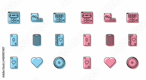 Set line Playing card with heart symbol, Online poker table game, Casino roulette wheel, chips, Deck of playing cards, diamonds and Game dice and glass whiskey ice cubes icon. Vector