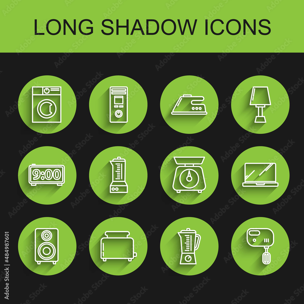 Set line Stereo speaker, Toaster with toasts, Washer, Blender, Electric mixer, Laptop and Scales icon. Vector Set line Stereo speaker, Toaster with toasts, Washer, Blender, Electric mixer, Laptop and Scales icon. Vector
