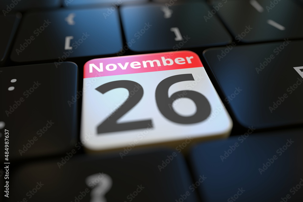 November 26 date on a keyboard key, 3d rendering November 26 date on a keyboard key, 3d rendering