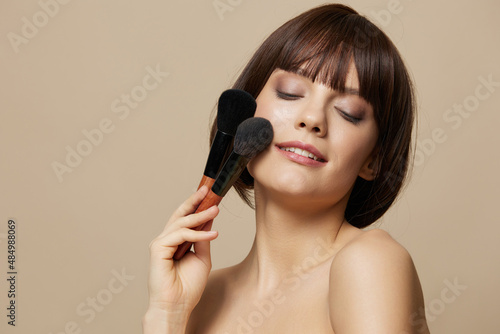 woman smile brushes charm short haircut isolated background