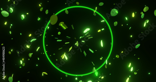 Render with green energy concept with leaves and a glowing neon sphere
