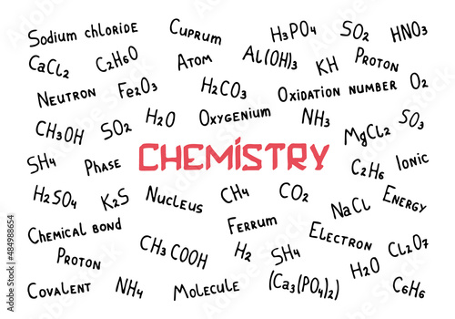 Chemical theme background with chemical formulas in doodle style. The inscription "Chemistry" in the middle of the picture. Hand Drawn. White chalk is drawn on a green school board.