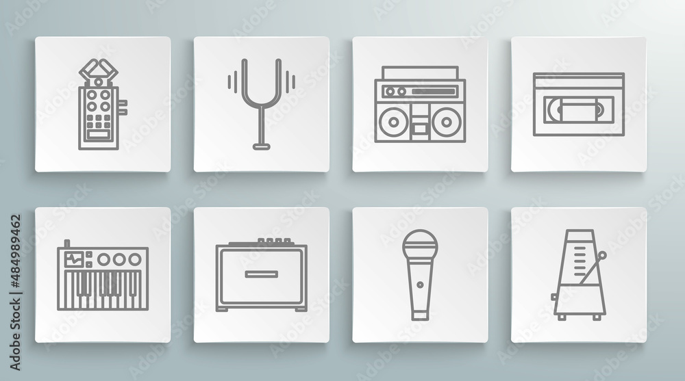 Set line Music synthesizer, Musical tuning fork, Guitar amplifier, Microphone, Metronome with pendulum motion, Home stereo two speakers, VHS video cassette tape and icon. Vector Set line Music synthesizer, Musical tuning fork, Guitar amplifier, Microphone, Metronome with pendulum motion, Home stereo two speakers, VHS video cassette tape and icon. Vector