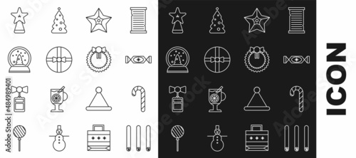 Set line Three rolled sticks of cinnamon, Christmas candy cane with stripes, Candy, star, Gift box, snow globe, and wreath icon. Vector