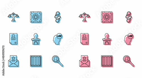 Set line The arrest warrant, Prison window, Scales of justice, Magnifying glass for search, Stage stand debate podium rostrum, Head with law, Identification badge and Safe icon. Vector