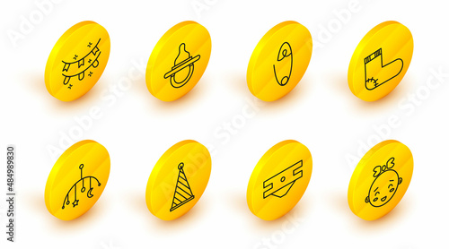Set line Happy little girl head, Baby absorbent diaper, Party hat, crib hanging toys, socks clothes, Classic steel safety pin, dummy pacifier and Carnival garland with flags icon. Vector