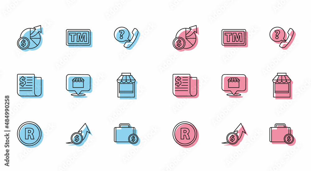 Set line Registered Trademark, Financial growth and coin, Money diagram graph, Briefcase money, Online shopping concept, Shopping building or market store, news and icon. Vector Set line Registered Trademark, Financial growth and coin, Money diagram graph, Briefcase money, Online shopping concept, Shopping building or market store, news and icon. Vector