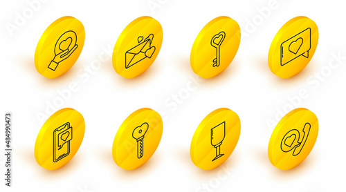 Set line Telephone with heart speech bubble, Wine glass, Key shape, Smartphone, Like and, Envelope and Heart hand icon. Vector