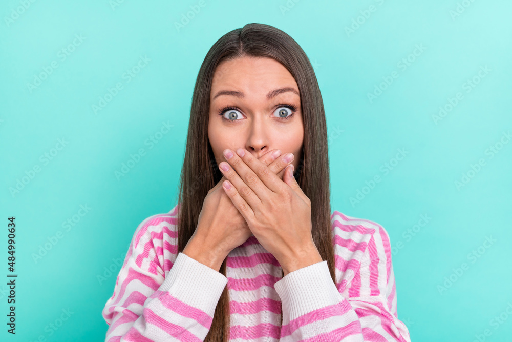 Portrait of attractive cheerful funny girly girl closing mouth no voice mute isolated over bright teal turquoise color background Portrait of attractive cheerful funny girly girl closing mouth no voice mute isolated over bright teal turquoise color background