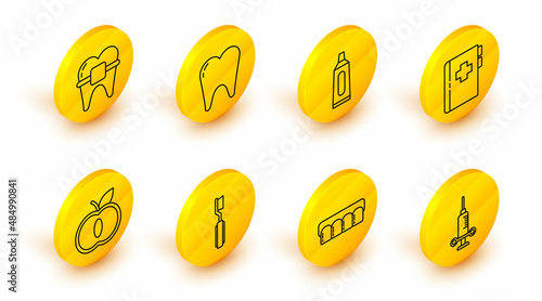 Set line Dental medical syringe, Dentures model, Toothbrush, Apple, Clipboard with dental card, Tube of toothpaste, and Teeth braces icon. Vector
