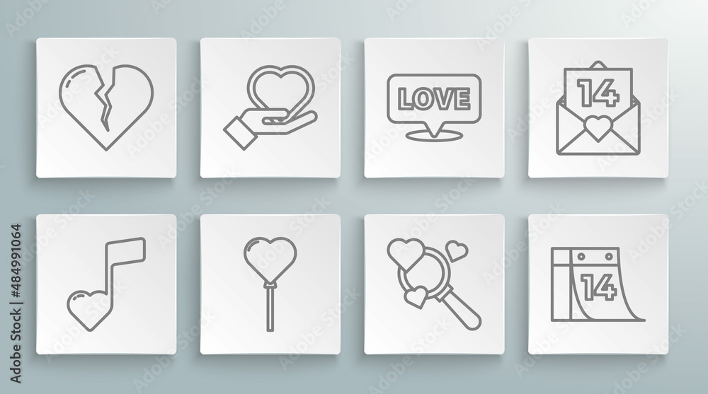 Set line Music note, tone with hearts, Heart hand, Balloons in form of, Search love, Calendar February 14, Speech bubble text, Envelope Valentine and Broken divorce icon. Vector Set line Music note, tone with hearts, Heart hand, Balloons in form of, Search love, Calendar February 14, Speech bubble text, Envelope Valentine and Broken divorce icon. Vector