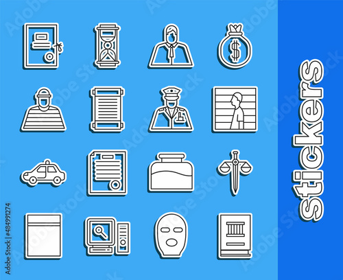 Set line Law book, Scales of justice, Suspect criminal, Lawyer, attorney, jurist, Decree, paper, parchment, scroll, Prisoner, Lawsuit and Police officer icon. Vector