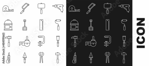 Set line Hammer, Putty knife, Paint roller brush, Sledgehammer, Snow shovel, bucket, Roulette construction and Ruler icon. Vector