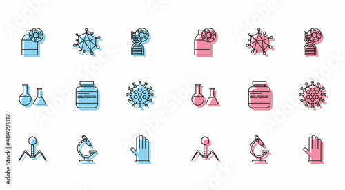Set line Bacteria bacteriophage, Microscope, Bottle with virus, Medical rubber gloves, Medicine bottle and pills, Virus, Test tube flask and icon. Vector