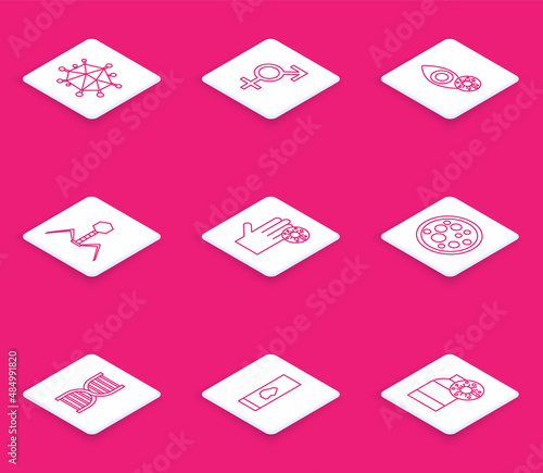 Set line Virus, Gender, Reddish eye due to virus, Bacteria bacteriophage, Hand with, DNA symbol and Blood test icon. Vector
