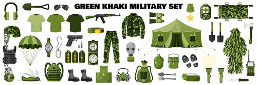 Green olive khaki camouflage military set with soldier uniform, khaki camouflage, army equipment, assault rifle, etc.