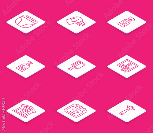 Set line Diaper for dog, Dog in muzzle, Pet shampoo, Hair brush and cat, Certificate, grooming and Calendar icon. Vector