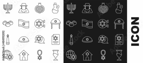 Set line Jewish goblet, Torah scroll, kippah, Pomegranate, Flag of Israel, sweet bakery, Hanukkah menorah and synagogue icon. Vector