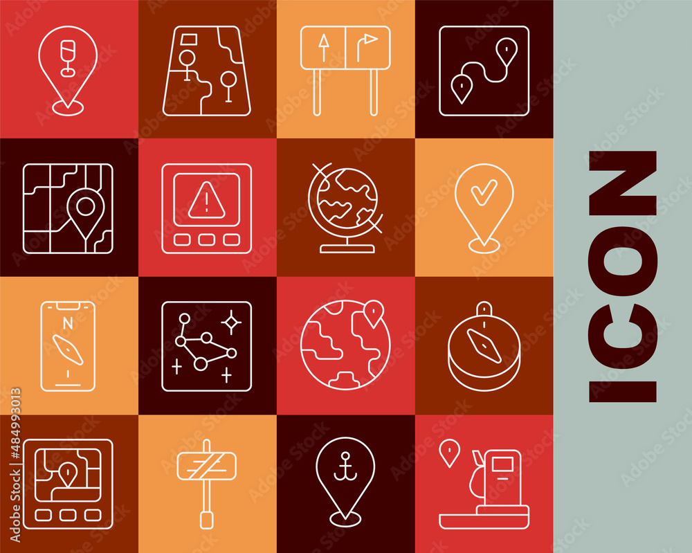 Set line Location and gas station, Compass, with check mark, Road traffic sign, Gps device error, City map navigation, Alcohol beer bar location and Earth globe icon. Vector Set line Location and gas station, Compass, with check mark, Road traffic sign, Gps device error, City map navigation, Alcohol beer bar location and Earth globe icon. Vector