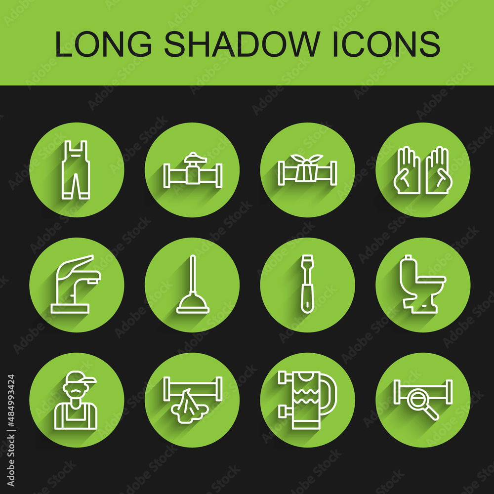 Set line Plumber, Broken pipe, Work overalls, Heated towel rail, Industry metallic, Rubber plunger, Toilet bowl and Screwdriver icon. Vector Set line Plumber, Broken pipe, Work overalls, Heated towel rail, Industry metallic, Rubber plunger, Toilet bowl and Screwdriver icon. Vector
