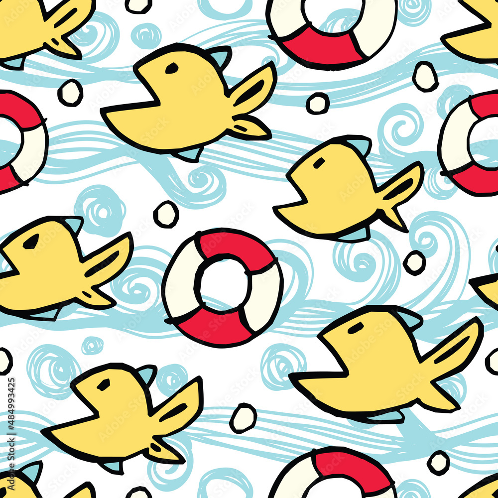 Obraz premium Nautical summer pattern with sea, goldfish and lifebuoy.