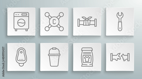 Set line Toilet urinal or pissoir, Water tap, Bucket, Laundry detergent, Broken pipe, Industry metallic, Wrench spanner and Washer icon. Vector