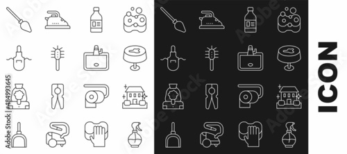Set line Water spray bottle, Home cleaning service, Stain on the tablecloth, Bottle for agent, Toilet brush, Kitchen apron, Handle broom and Washbasin icon. Vector