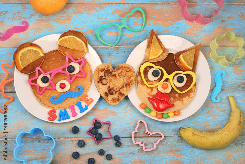 Funny pancakes for kids. Healthy eating for children. Creative idea for kids breakfast.	