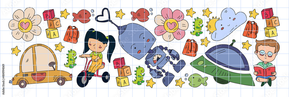 School and kindergarten vector pattern with little children. Girl and ...