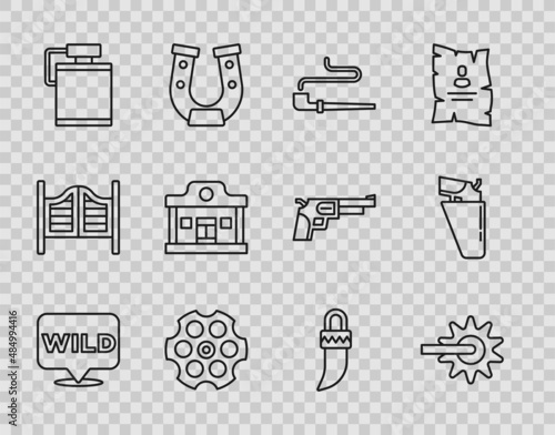 Set line Pointer to wild west, Spur, Smoking pipe, Revolver cylinder, Canteen water bottle, Wild saloon, Tooth and gun holster icon. Vector