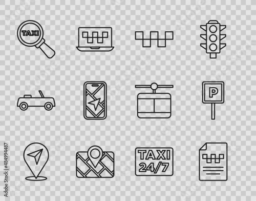 Set line Location, Taxi driver license, car roof, Gps device with map, Magnifying glass and taxi, City navigation, and Parking icon. Vector