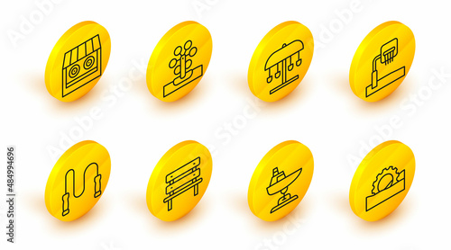 Set line Ferris wheel, Swing boat, Bench, Jump rope, Basketball backboard, Attraction carousel, and Shooting gallery icon. Vector