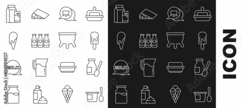 Set line Yogurt container with spoon, Drinking yogurt bottle, Ice cream, Udder, Bottle milk, waffle cone, Paper package for kefir and icon. Vector