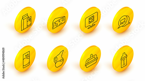Set line Baby milk in a bottle, Butter butter dish, Milk jug or pitcher, Glass with, Udder, Cheese, and Paper package for kefir icon. Vector