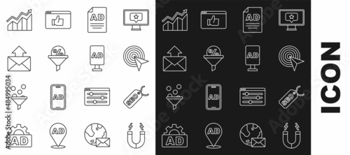 Set line Magnet, SEO optimization, Target, Advertising, Lead management, Mail and e-mail, Financial growth increase and icon. Vector
