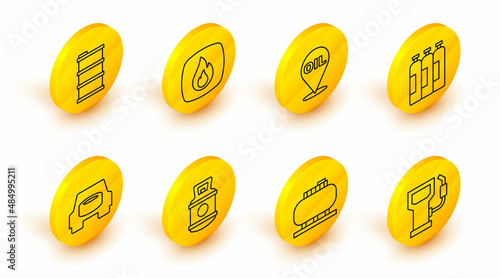 Set line Petrol or gas station, Oil tank storage, Propane, Spare wheel in the car, Industrial cylinder, Refill petrol fuel location, Fire flame and Barrel oil icon. Vector