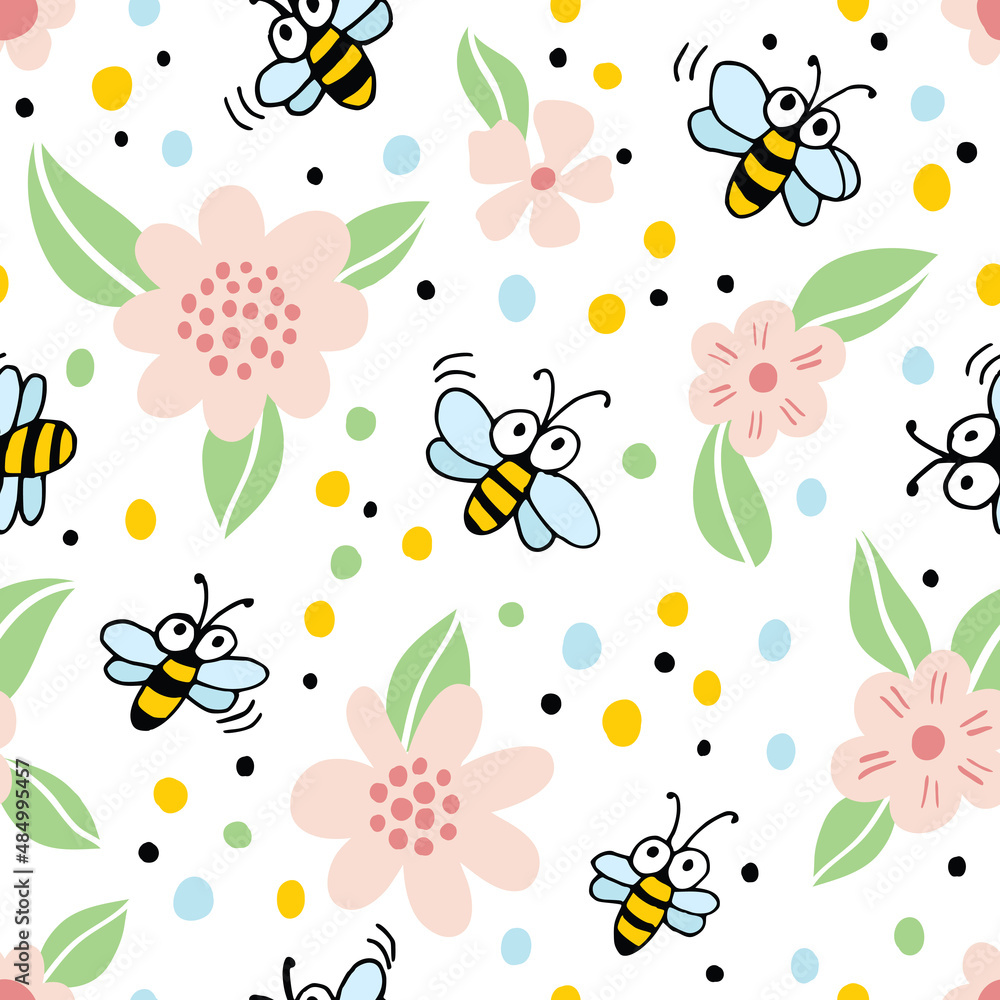 Seamless pattern with cartoon apples, flowers and bees. Seamless pattern with cartoon apples, flowers and bees.