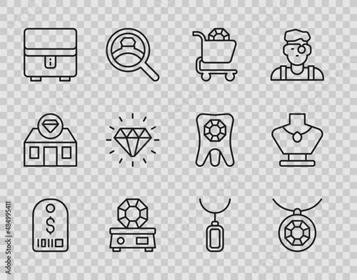Set line Price tag with dollar, Pendant on necklace, Jewelry online shopping, Gem stone, box, Diamond, and Necklace mannequin icon. Vector