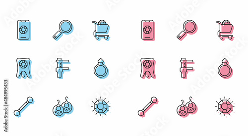 Set line Piercing, Earrings, Jewelry online shopping, Diamond, Calliper or caliper and scale, engagement, Tooth with diamond and Magnifying glass icon. Vector